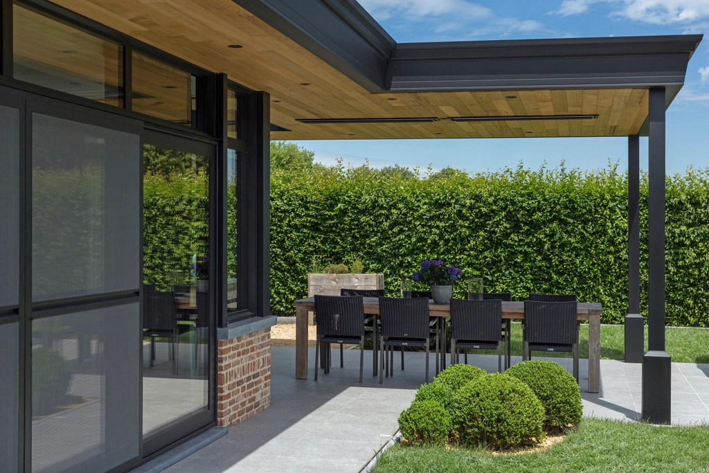 Custom outdoor veranda furniture set on a covered patio