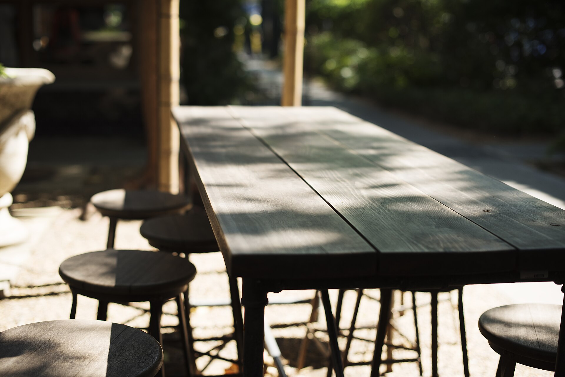 Restaurant patio furniture arranged outdoors
